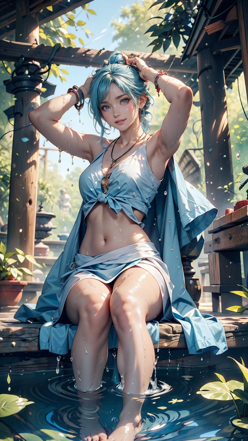 One girl, Female Water Spirit, Light blue hair, Internal spring water, Put a few drops of water on your skin,Wrapped in a transparent cloth、barefoot、Soak your feet in a sacred spring deep in a remote forest、smile、Open your arms
