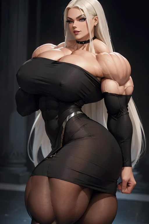 (Close-up), tall, (White hair), beautiful muscular woman, long straight hair, light brown skinned, closed smile, (black lipstick), (massive muscles), (hyper muscle), (ginormous bulky muscles), blue eyes, (((black off shoulder tight pencil dress))), ((pantyhose under skirt)), high heels, choker, neon night club