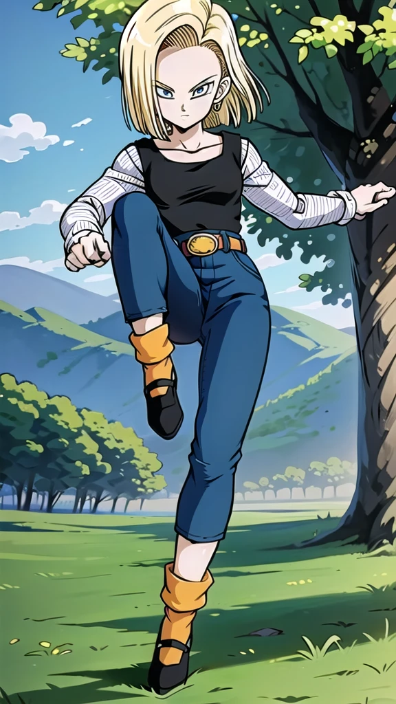 masterpiece, detailed face,
android 18, buu saga, , 1girl, solo, looking at viewer, short hair, blue eyes, blonde hair, collarbone,
field, trees, forest, full body, hovering,
midair,
black shirt, long sleeves, striped sleeves, hoop earrings, shoes, orange socks, belt, high waist pants,