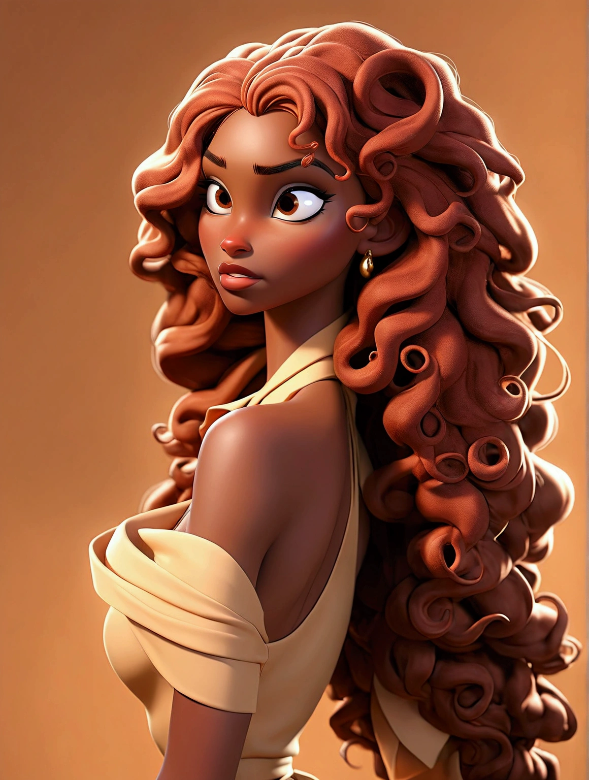 aRaffe woman with long cuRly haiR and a tie on heR neck, sessão de fotos, cuRly coppeR coloRed haiR, wavy haiR spRead out, goRgeous woman, foto de uma mulher negra, sessão de fotos, inspiRed by Daphne Allen, light-bRown skin, waRm glow, pele bronzeada, showing heR shouldeR fRom back, pRomo image, lindamente iluminado, R&b, linda mulher mexicana bronzeada