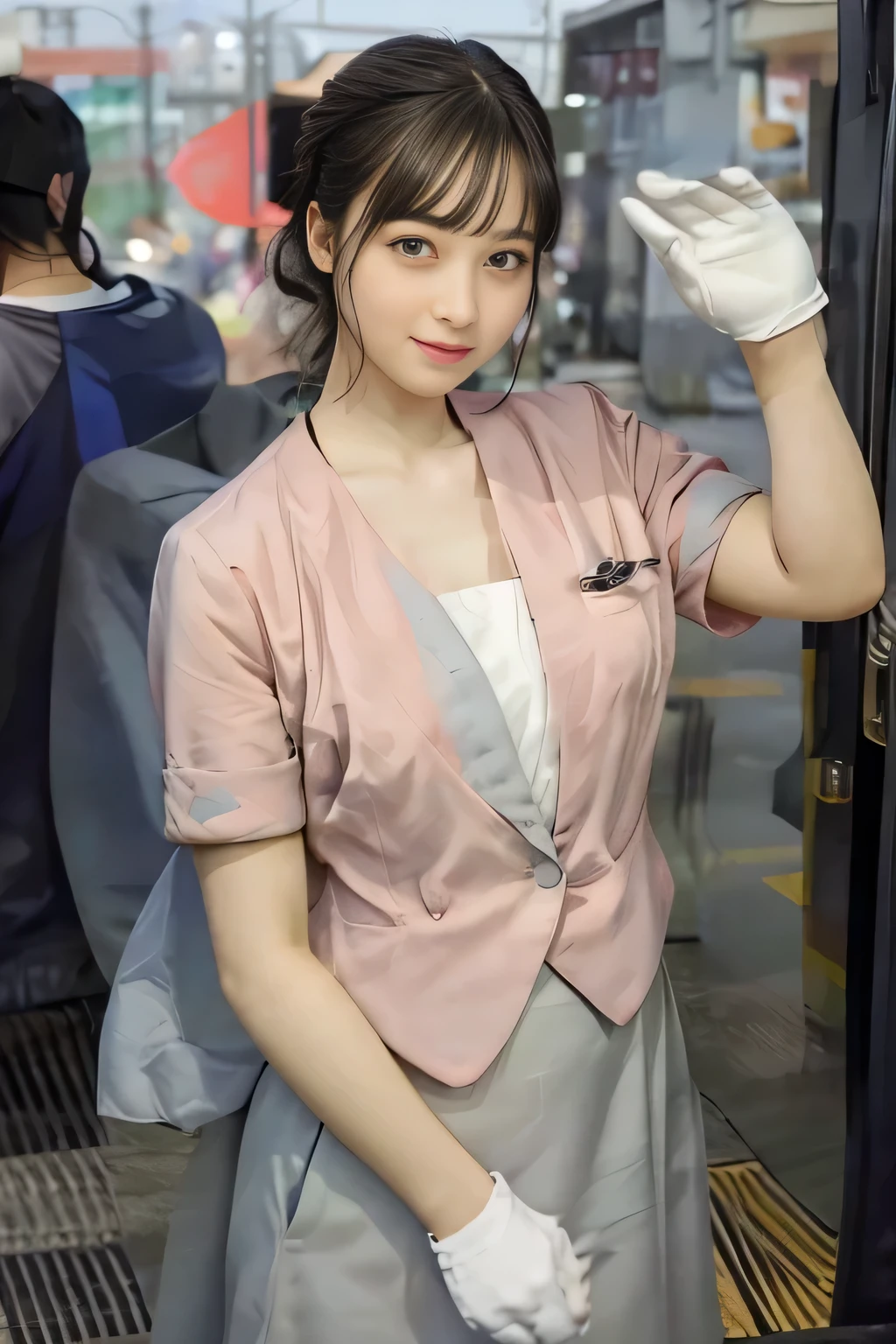 (masterpiece:1.2, Highest quality:1.2), 32k HDR, High resolution, (alone、1 girl)、（On the roof of a building in the daytime、Professional Lighting）、Building rooftop background、（Nankai train crew uniform pinkを着たリアルスタイル）、（Nankai Railway crew uniform, pink, short sleeve, collarless, pink jacket、No-collar short-sleeve blouse、Grey knee-length culottes）、（（The bottom of the pink short-sleeved jacket cannot be tucked into the clay-colored culottes..））、Dark brown hair、（Hair tied up、Chignon）、Dark brown hair、Long Shot、Big Breasts、Thin legs、（（Great hands：2.0）），（（Harmonious body proportions：1.5）），（（Normal limbs：2.0）），（（Normal finger：2.0）），（（Delicate eyes：2.0）），（（Normal eyes：2.0））)、smile、（A beautiful figure showing off the Nankai Railway crew uniform）、Bring your hands down