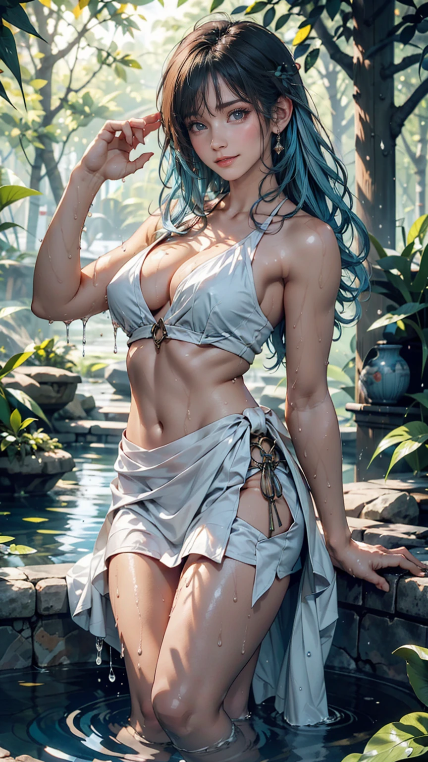 One girl, Female Water Spirit, Light blue hair, Internal spring water, Put a few drops of water on your skin,Wrapped in a transparent cloth、barefoot、Soak your feet in a sacred spring deep in a remote forest、smile、Open your arms