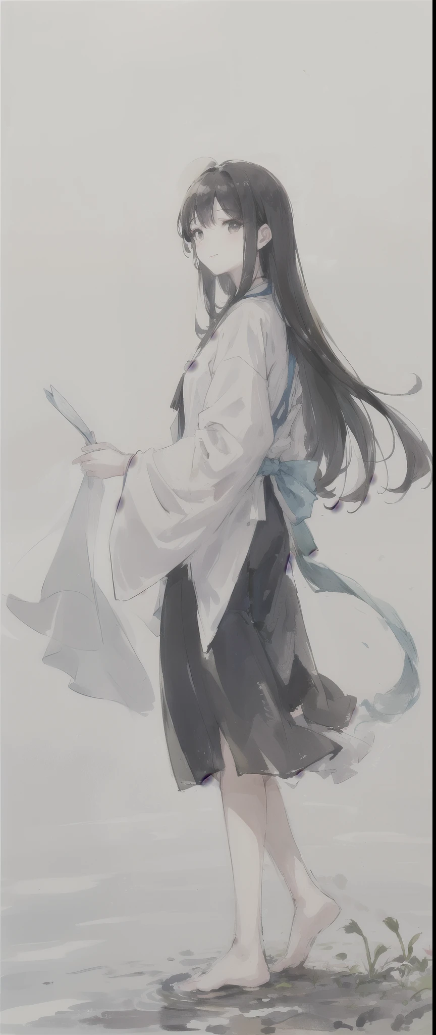 ((4K,masterpiece,best quality)), Bisim, Traditional Chinese ink painting, lotus, Hanfu, maxiskit, Dress conservatively 1girl, Solitary, Blue long hair, Smile, permanent, Feet in water, barefoot,