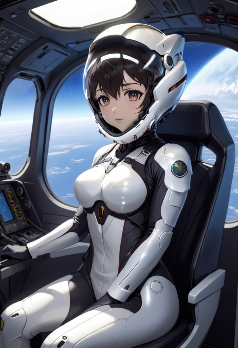 ((Female pilot in the cockpit of a reconnaissance plane), (airplane cockpit), (in flight), (10000 feet altitude)、(sky view):1.7),, short hair, street, emo, BLACK hair, white eyes, eyeliner, apocalypse, girl, nside the (cockpit:1.9) of a (futuristic spaceship:1.6), , blush,sitting on a chair, covered navel, space helmet, muvluv, space helm, plug suit , space helmet, eva helm, space suit, short hair,