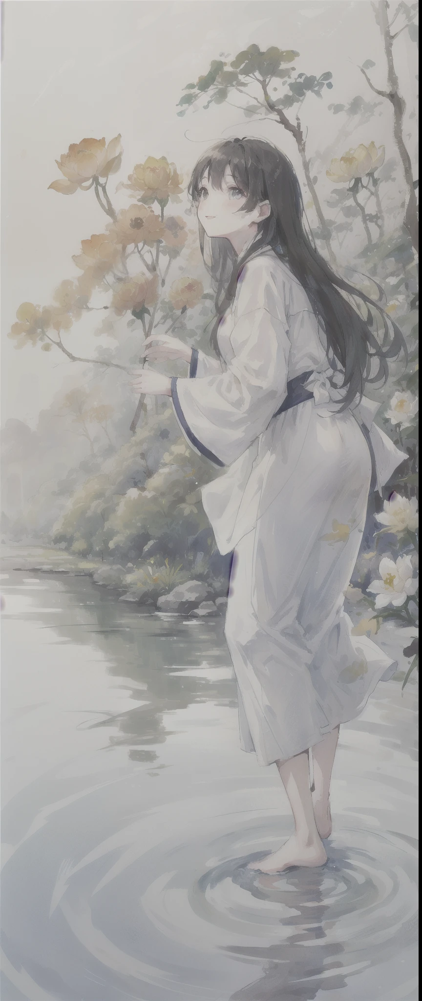 ((4K,masterpiece,best quality)), Bisim, Traditional Chinese ink painting, lotus,  Hanfu, maxiskit, Dress conservatively 1girl, Solitary, Blue long hair, Smile, permanent, Feet in water, barefoot,