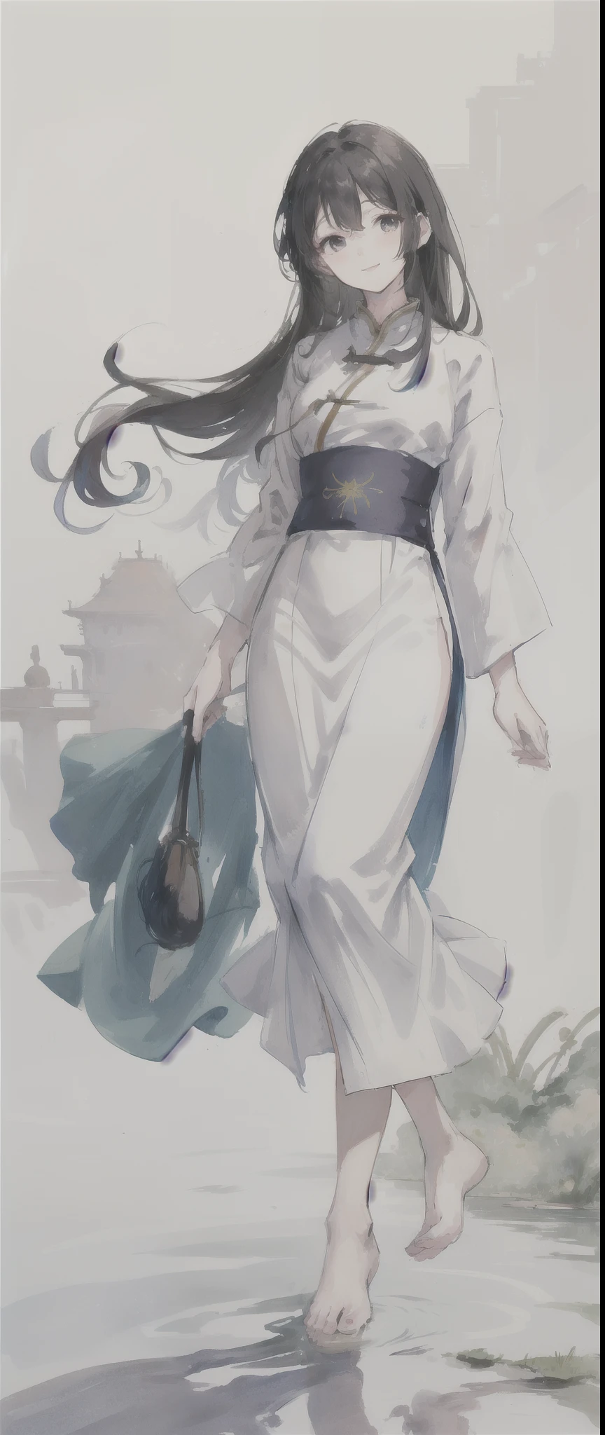 ((4K,masterpiece,best quality)), Bisim, Traditional Chinese ink painting, lotus, Hanfu, maxiskit, Dress conservatively 1girl, Solitary, Blue long hair, Smile, permanent, Feet in water, barefoot