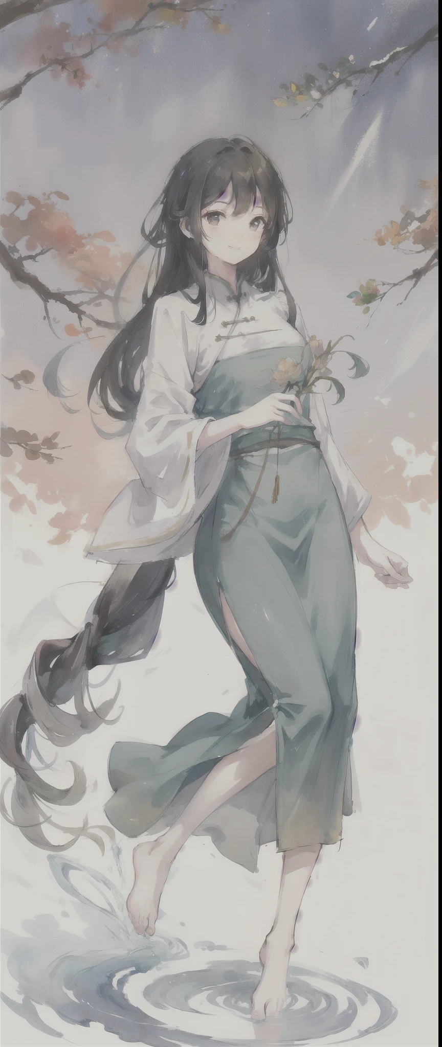 ((4K,masterpiece,best quality)), Bisim, Traditional Chinese ink painting, lotus, Hanfu, maxiskit, Dress conservatively 1girl, Solitary, Blue long hair, Smile, permanent, Feet in water, barefoot