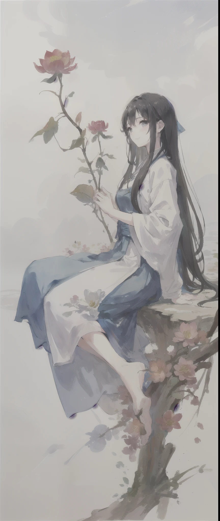 ((4K,masterpiece,best quality)), Bisim, Traditional Chinese ink painting, lotus, Hanfu, maxiskit, Dress conservatively 1girl, Solitary, Blue long hair, Smile, permanent, Feet in water, barefoot