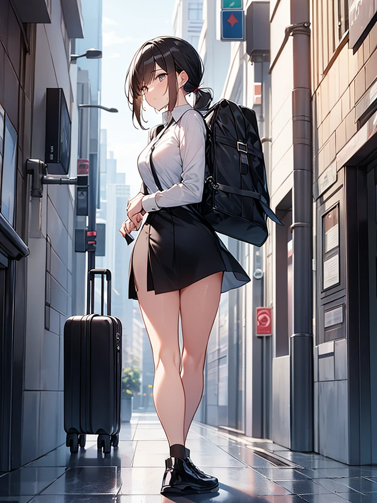 Composition seen from the side Profile Looking away:3.6 Light in the eyes woman Walking through the business district Cloudy Full body view Sweat ponytail:3.6 Social People Black recruitment suit White collared shirt Three-quarter sleeves Black Skirt Black short hair, straight hair, hair tie Sweep your bangs to the side:2.4. Slanted eyes, brown eyes, tall, strong-willed, beautiful tits Business bag
