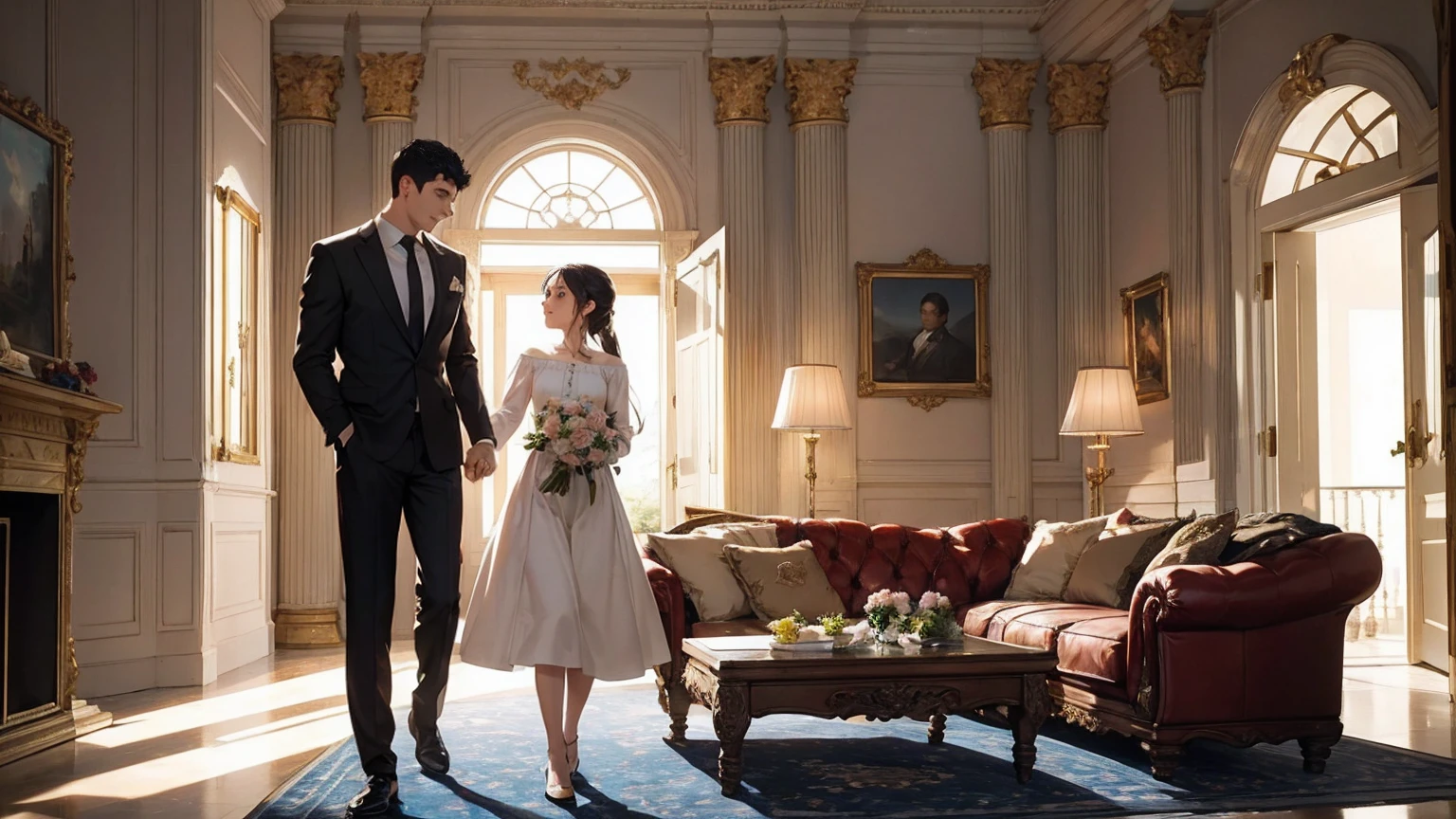 A heartwarming scene in a modern, elegant mansion in Pula, Croatia. A young father in his 30s, dressed in a business suit, has just returned home from work. He lovingly and warmly embraces his playful and innocent twin children, a boy and a girl, lifting them up in a tight hug. The children, full of joy and innocence, cling to him with bright smiles. The setting is bathed in the golden light of a clear summer evening. Sunlight streams through large windows, illuminating the spacious living room and the view of a beautifully landscaped garden and the sparkling Adriatic Sea beyond. The father, secretly imagined as Constantine I, conveys deep love and forgiveness to his children, who are subtly represented as Crispus and Fausta. There is a profound sense of reconciliation, healing, and renewed bonds, symbolized by subtle hints of ancient Roman elements in the home's decor. The scene exudes warmth, peace, and a sense of restored relationships. 、divine atmosphere、A paradise of greenery and flowers、heaven、Blessings and Blessings、Beautiful fece、brilliance、ultra-quality、Ultra-high resolution、ultra-definition、Super beautiful、masterpiece、