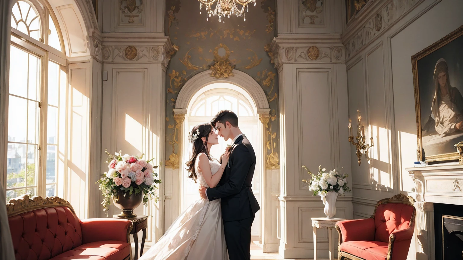 A heartwarming scene in a modern, elegant mansion in Pula, Croatia. A young father in his 30s, dressed in a business suit, has just returned home from work. He lovingly and warmly embraces his playful and innocent twin children, a boy and a girl, lifting them up in a tight hug. The children, full of joy and innocence, cling to him with bright smiles. The setting is bathed in the golden light of a clear summer evening. Sunlight streams through large windows, illuminating the spacious living room and the view of a beautifully landscaped garden and the sparkling Adriatic Sea beyond. The father, secretly imagined as Constantine I, conveys deep love and forgiveness to his children, who are subtly represented as Crispus and Fausta. There is a profound sense of reconciliation, healing, and renewed bonds, symbolized by subtle hints of ancient Roman elements in the home's decor. The scene exudes warmth, peace, and a sense of restored relationships. 、divine atmosphere、A paradise of greenery and flowers、heaven、Blessings and Blessings、Beautiful fece、brilliance、ultra-quality、Ultra-high resolution、ultra-definition、Super beautiful、​masterpiece、