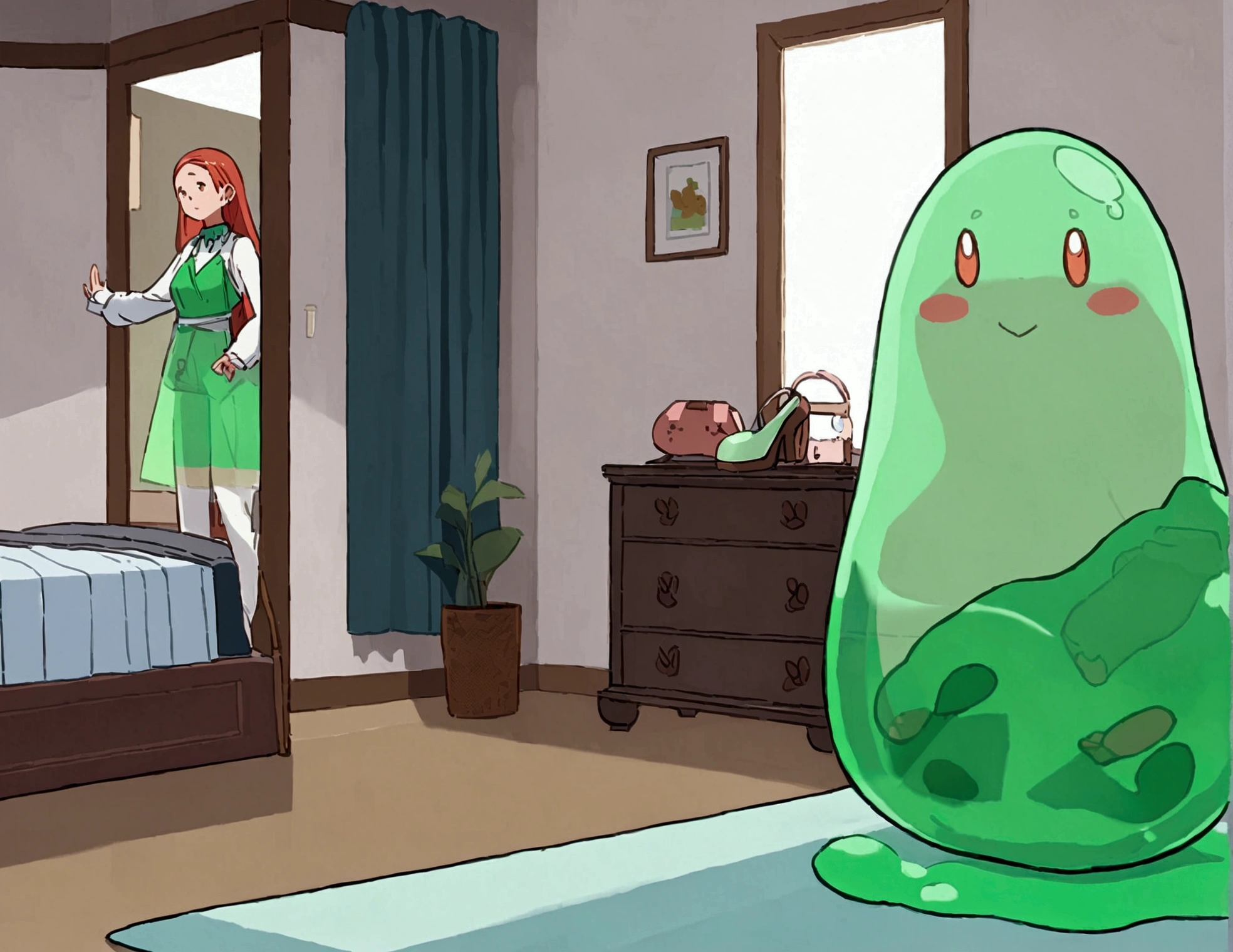 A slime girl (Christna Hendricks, age 25, translucent, made of green slime) has snuck onto a woman's bedroom and is trying on clothes. Slime foot prints
