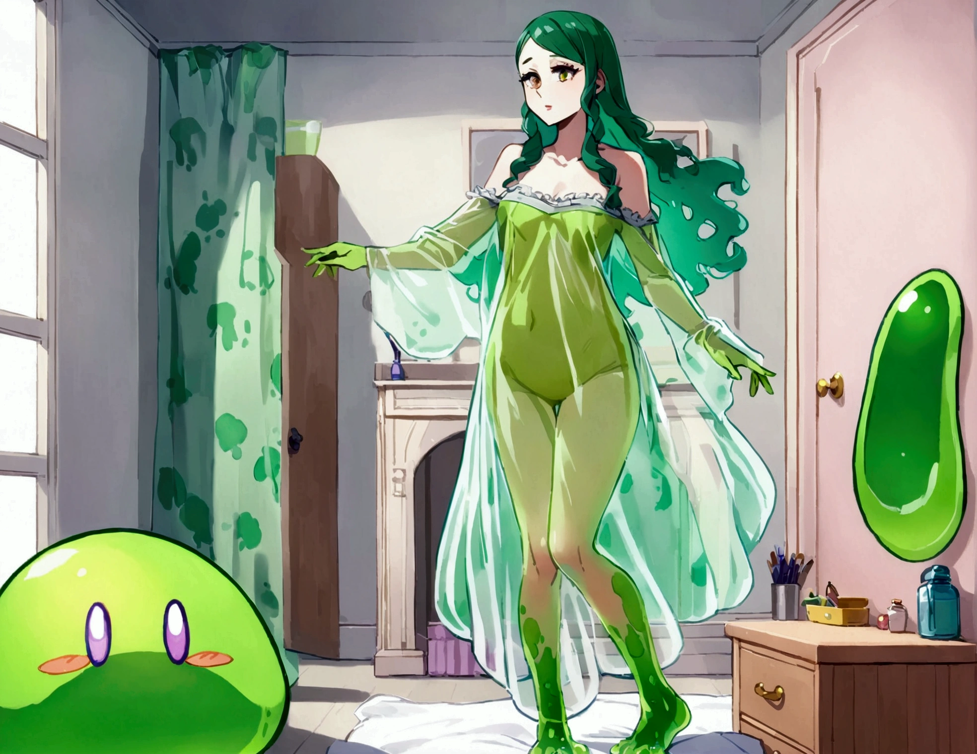 A slime girl (Christna Hendricks, age 25, translucent, made of green slime) has snuck onto a woman's bedroom and is trying on clothes. Slime foot prints
