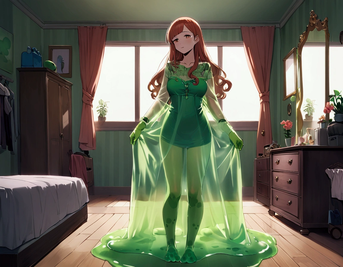 A slime girl (Christna Hendricks, age 25, translucent, made of green slime) has snuck onto a woman's bedroom and is trying on clothes. Slime foot prints