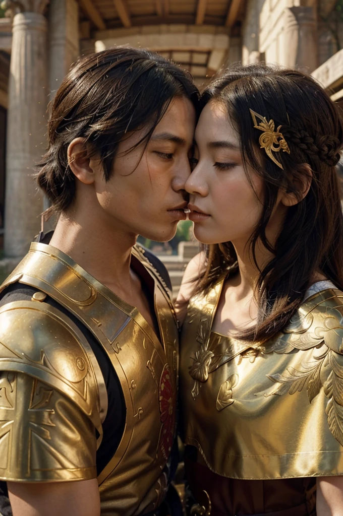 Julius Caesar and Mulan kissing each other. Julius Caesar has European facial features and put light brown hair on him, and he wears a full roman armor with a golden laurel wreath, while Mulan has Asian facial features and black untied hair, and she wears full Chinese armor. The background is in the ancient city of Rome, and the sun is setting