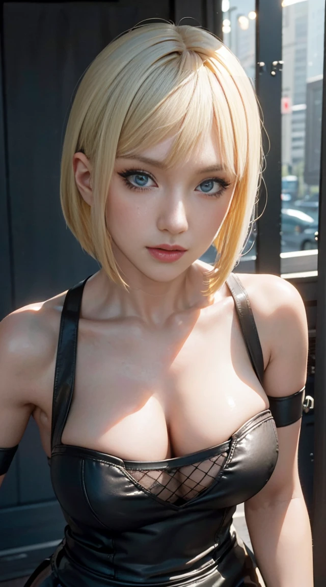 4k quality, The best high quality masterpiece, Punk girl in a thin black shirt, (heavy makeup), Blurred city background at dawn, short hair, blonde, bob haircut, detailed face, high quality, a high resolution, (Full Snapshot:1.8), big skirt on the chest, garter belt and black stockings