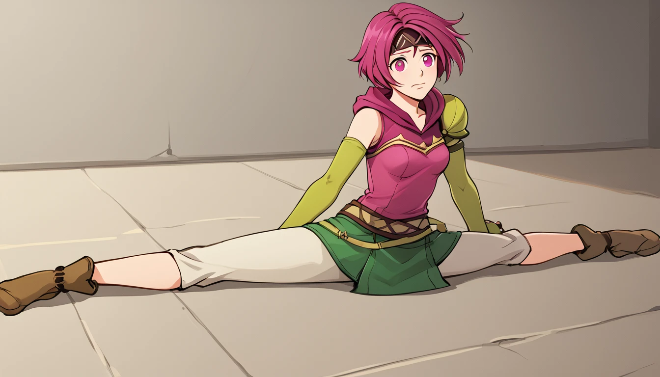 from front, NSNeimiFE8, short hair, pink eyes, headband, uneven gloves, single pauldron, fingerless gloves, green gloves, single elbow glove, pink hoodie, sleeveless, green skirt, white pants, capri pants, pants under skirt, multiple belts, asymmetrical clothes, 1girl, solo, Sitting, On the floor, Split Horizon, stretch, horizontal splits, stretch regs, hands on floor, embarrassed