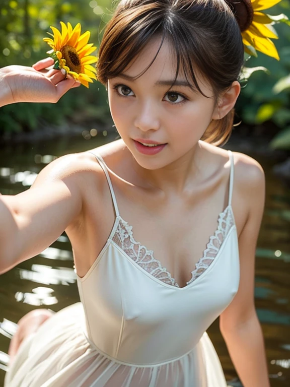 (masterpiece, best quality), outstanding details, ultra-high resolution, 
anatomically correct, wide shot, atmospheric perspective,

A beautiful woman walking along a stream in the forest, A lovely Japanese woman, 28 years old, 

cowboy shot,  (holding a sunflower, reaching out), 

(chubby), 

Happy smile, Mouth slightly open, looking at viewer,

round face, tareme, Downturned Eyes, pupils sparkling, small cute nose, thin lips, thin eyebrows, 

brown hair, low ponytail, short hair, swept bangs,

(wearing A white elegant slip dress made of a transparent smooth material), 

depth of field, morning sunlight, backlighting, Reflected light from below, cinematic lighting, reflection light, dreamy atmosphere,  animated expression, 