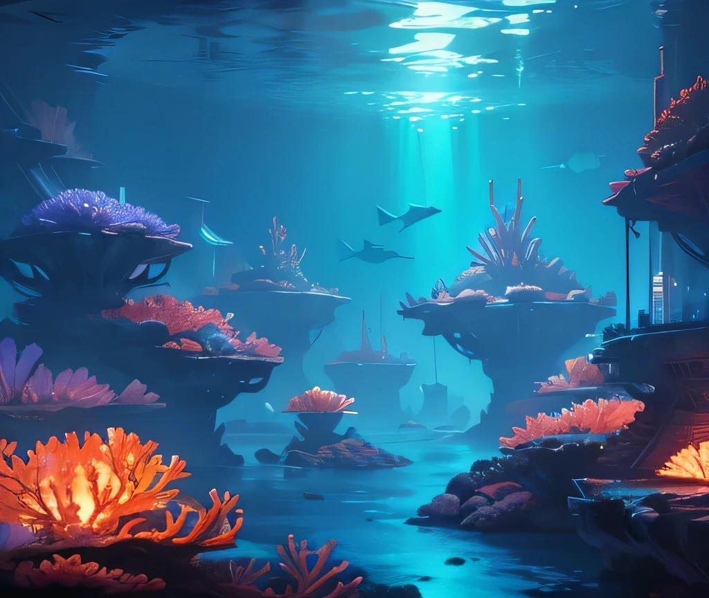 Underwater sci fi city, glowing corals, dark environment, neon lights