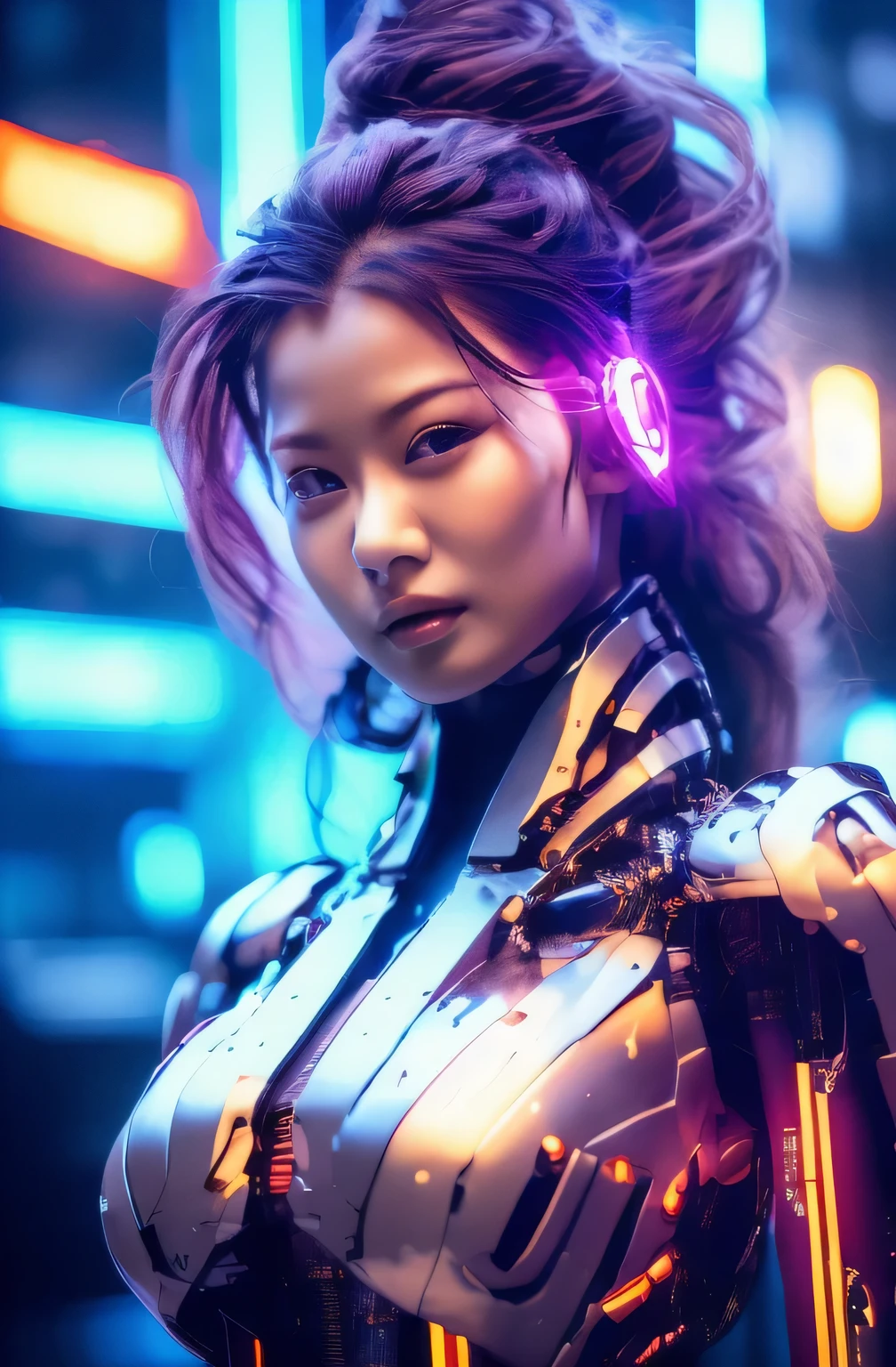 Highest quality, masterpiece, shape, (Realistic, photo-Realistic:1.37), wonderful, In detail, Unbelievably absurd, Large file size, Very detailed, High resolution, Very detailed CG Unity 8k wallpaper, Very detailed目と顔, Ray Tracing, Browsing Caution, NUDE, One Girl, Korean cyborg girl is pure and young々Has a cunning look. She is posing boldly with her arms raised above her head, Revealing her voluptuous shape. She is wearing a small black mech armor top that barely covers her breasts.., Exposing most of her flawless skin. Armor detailing has been added to the shoulders and head.、There are some brilliant highlights, Tech Panels and Mechanisms. She stands against a futuristic cityscape lit up with vibrant neon lights..、Standing full of energy。.