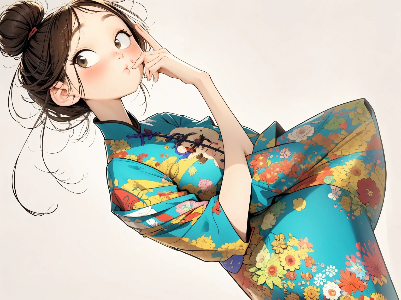 (masterpiece, best quality:1.2), watercolor,cartoonish character design。1 girl holding a cat, Solitary,big eyes,Cute expression,Two hair buns,cheongsam,portrait,interesting,interesting,Clear lines,Leave blank,