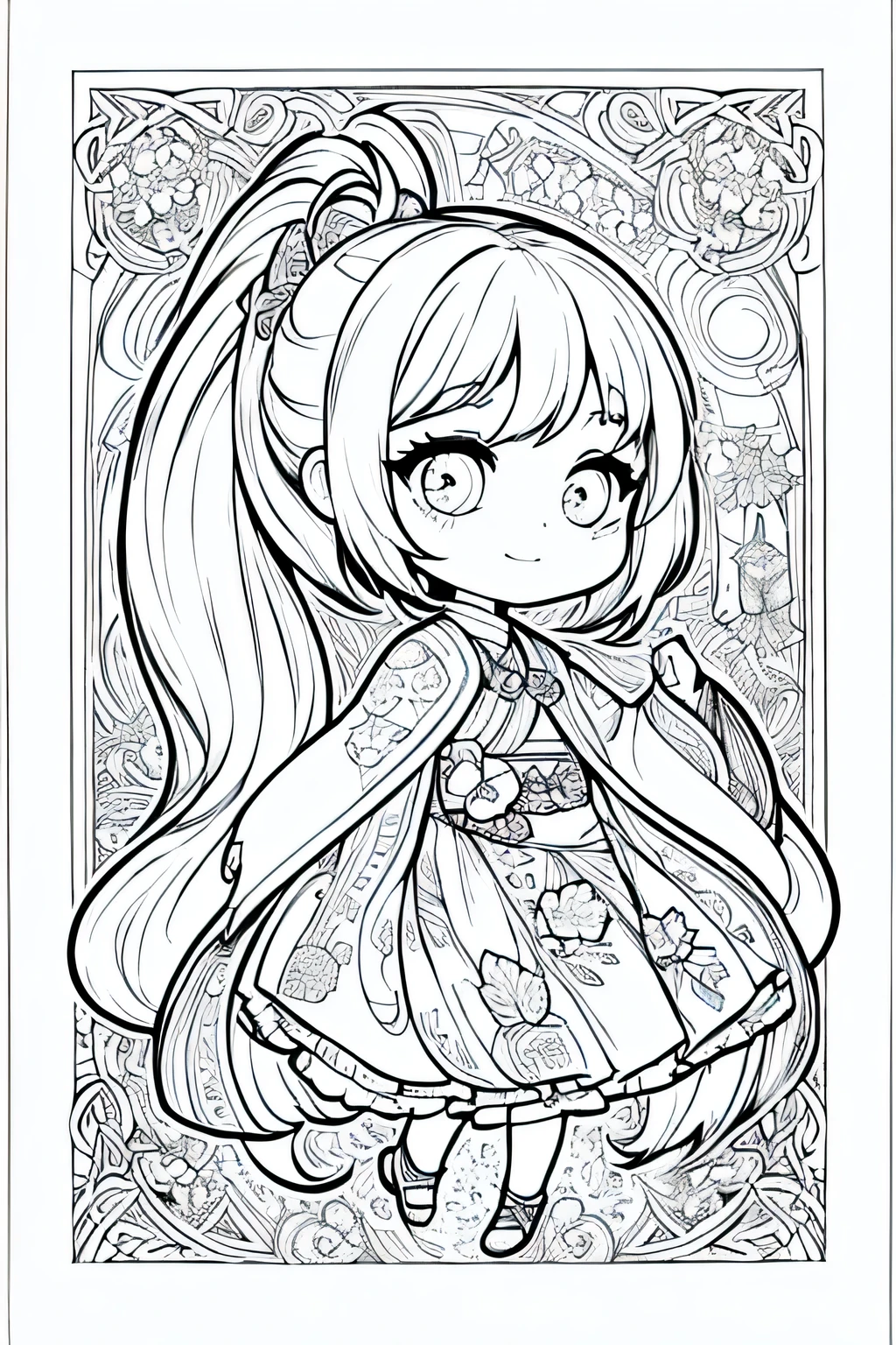 One girl, Create a baby chibi version of the Alice character in an 8K resolution, coloring pages, simplified zentangle, coloring book outline, black and white only, no outline, intricate designs, coloring book, celtic design, intricate lines, no gradients, Chibi,Wisteria flower fairy, wisteria kimono, ponytail