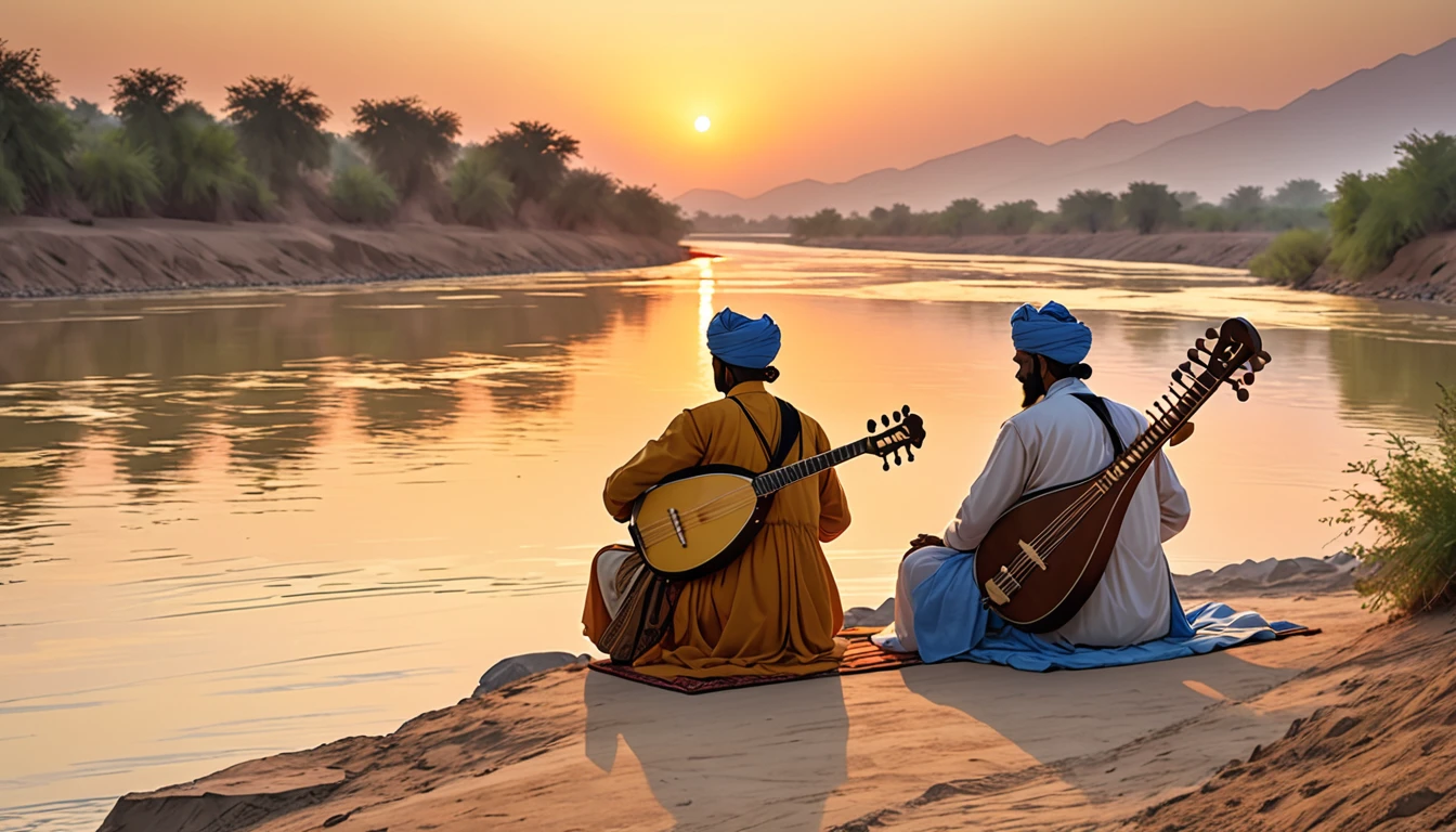 Shield of David,Indian,Turbaned Master,Playing the sitar老人の後ろ姿,Back view of musicians playing on the banks of the Indus River,dawn,dark,(Playing the sitar)