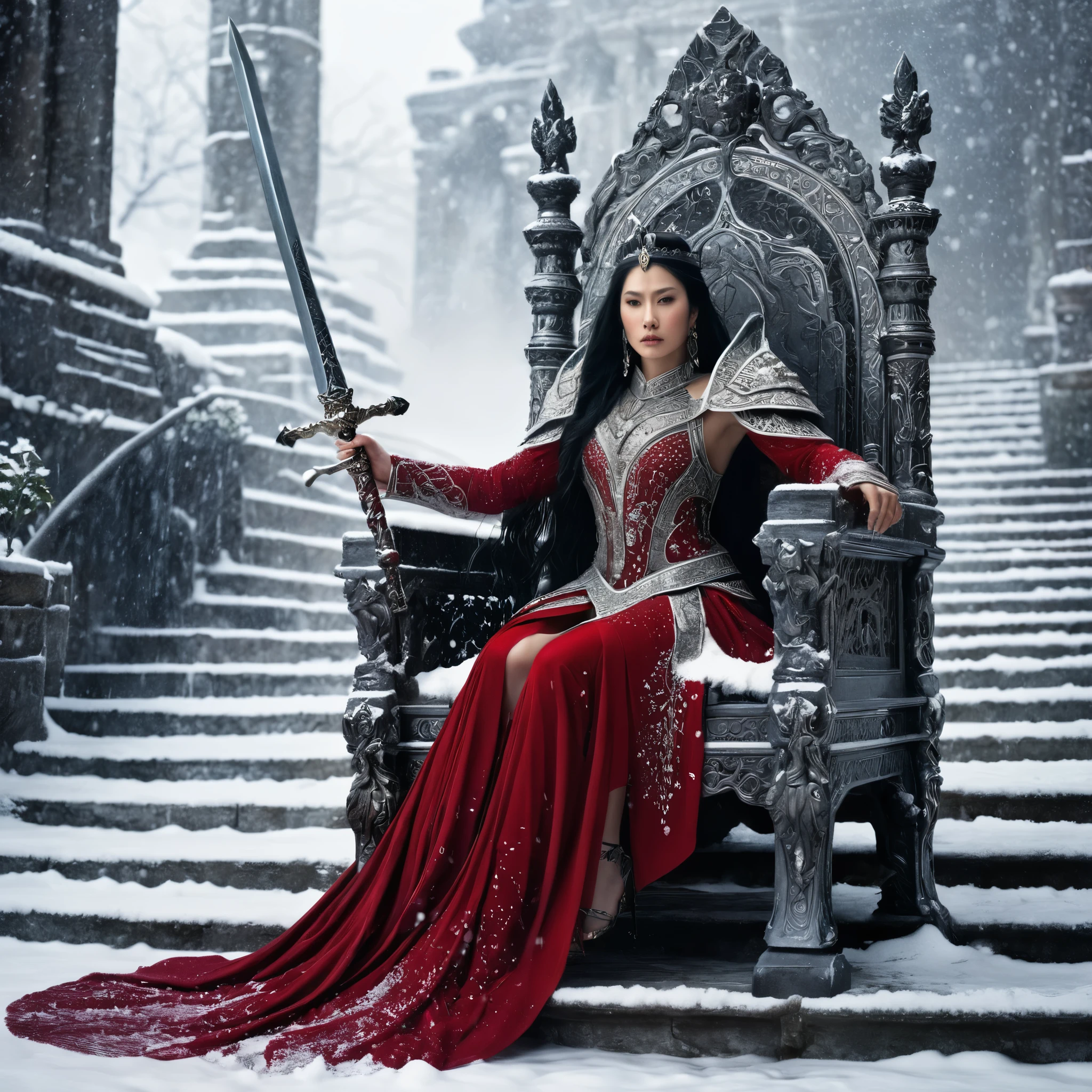 A powerful warrior queen with flowing black hair sits upon an ornate throne, her crimson dress cascading like blood over the steps. She holds a magnificent silver sword upright, its tip resting on the ground, while snow falls gently around her icy domain. Her armor is intricate and deadly, hinting at the battles she has won.