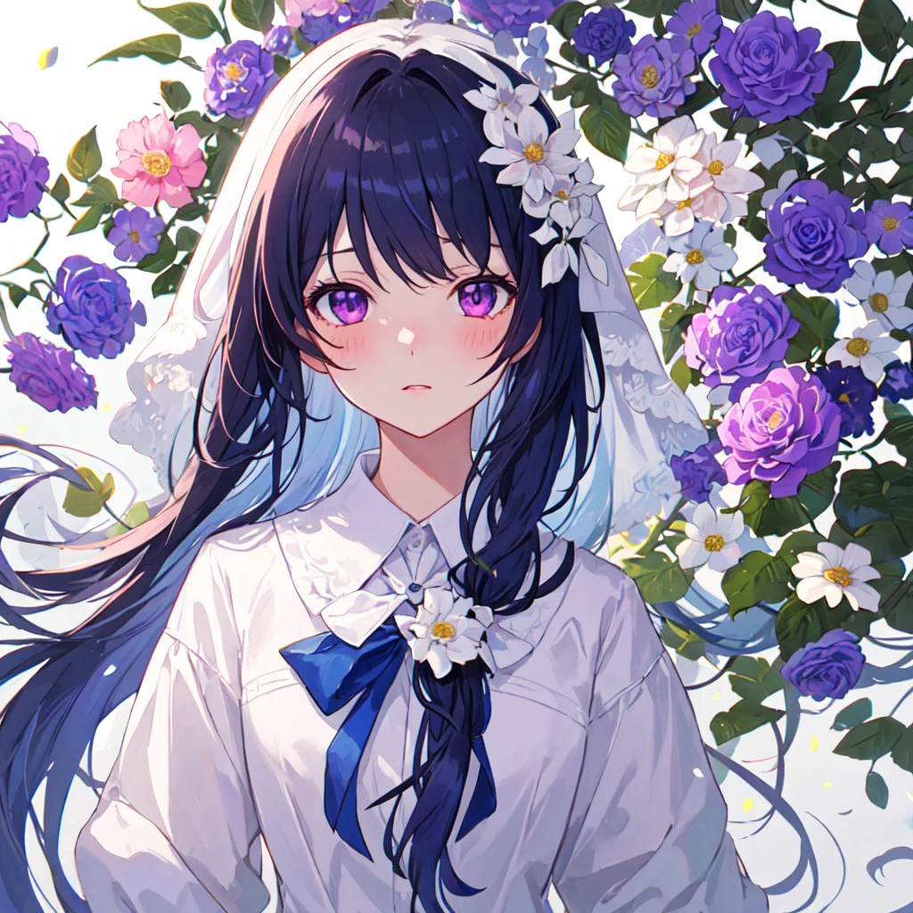 best quality, masterpiece, Extremely detailed, Detailed background, 1 Girl, Solitary, Long hair, flower, Blue Hair, White background, pink flower, Simple background, contour, Upper Body, shirt, white shirt, white flower, bow, Bangs, Purple Eyes, leaf, blush