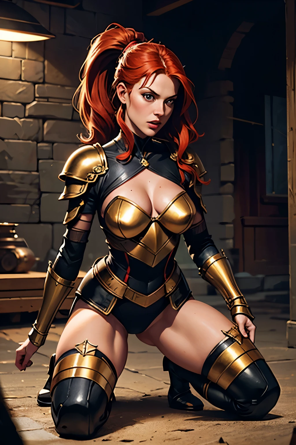 1womanl, in the mouth, armors, Red hair, battle pose, Photorealisitic, Hyperrealisitic, hyperdetailed, analog style, tilted hip, demure, low cut, skin detailed, matte skin, soft lighting, underground dispersal, realisitic, heavy shadow, work of art, best qualityer, ultra realisitic, 8k, golden ratio, intrikate, high détail, film photography, softfocus, nblurry background