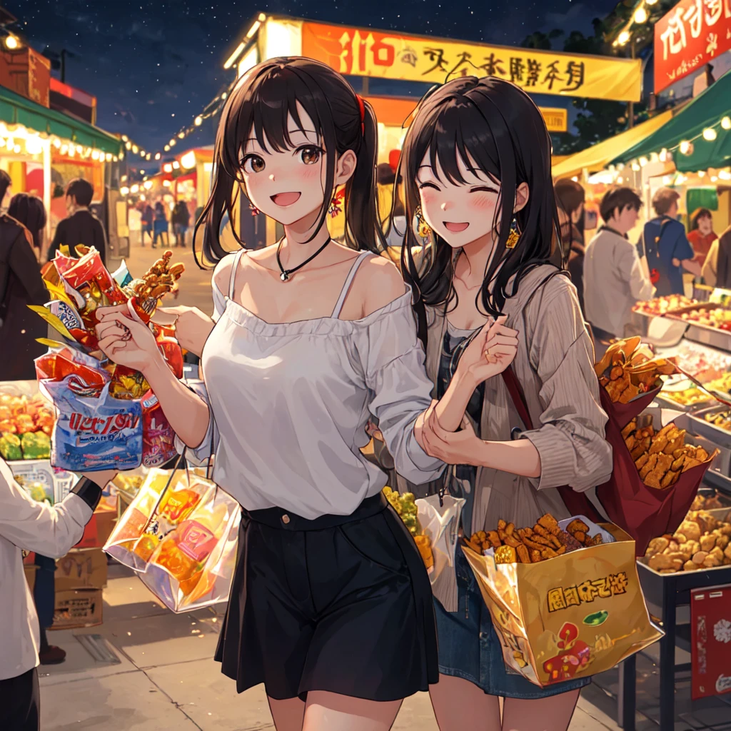 Bustling night market. The woman was wearing casual clothing, Bring snacks, Her face was full of joy and satisfaction..
