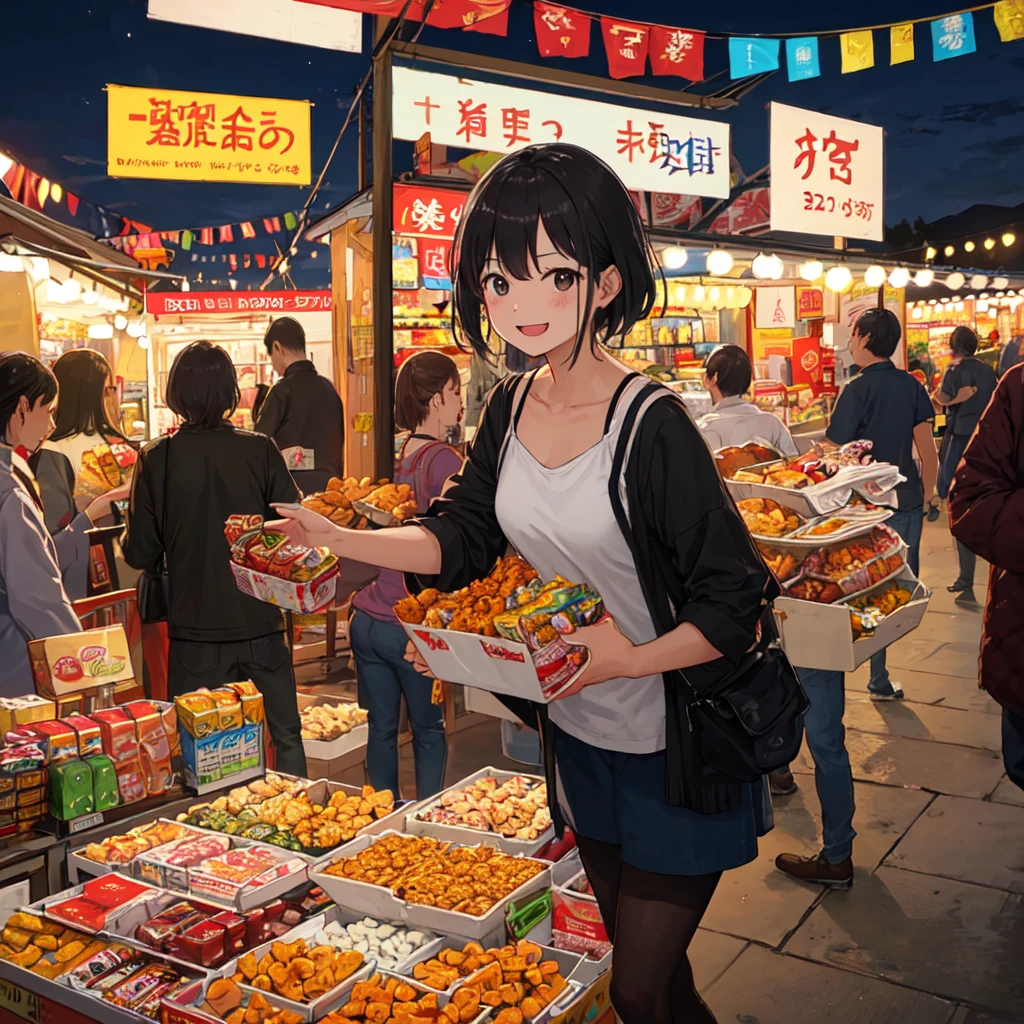 Bustling night market. The woman was wearing casual clothing, Bring snacks, Her face was full of joy and satisfaction..