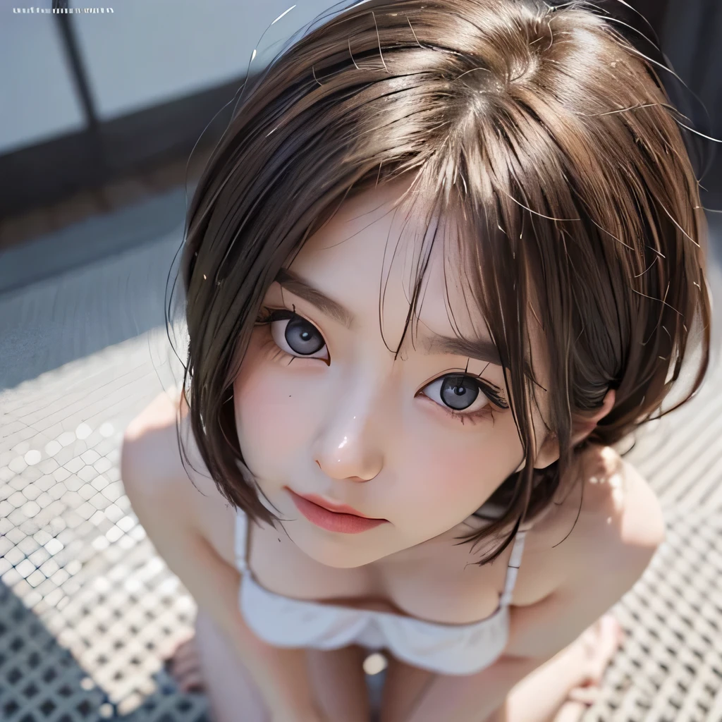 masterpiece, Highest quality, Ultra-high resolution, (Photorealistic photography: 1.4), ((1 girl, White skin: 1.4, Kneel, From above, Looking up at the audience, 19 years old, cute, cute, Bob_cut, Short hair with bangs, Big Breasts)), (Colorful bikini swimwear,  Shiny shiny swimsuit, Shiny swimsuit with reflective surface), (smile, happiness, joy, Cheerfulness, Close your mouth), (Breasts sandwiched between arms and chest), Eye for detail, ((A truly pure white background, Sky Background)))), Long neck, (Short hair with bangs)))), eyelash, Big eyes, (((so beautiful, so beautiful))), (((Natural light, Listen carefully, Staring at the audience, Engage your audience, Huge, Eye highlights) ))　Full body portrait　Bold Pose