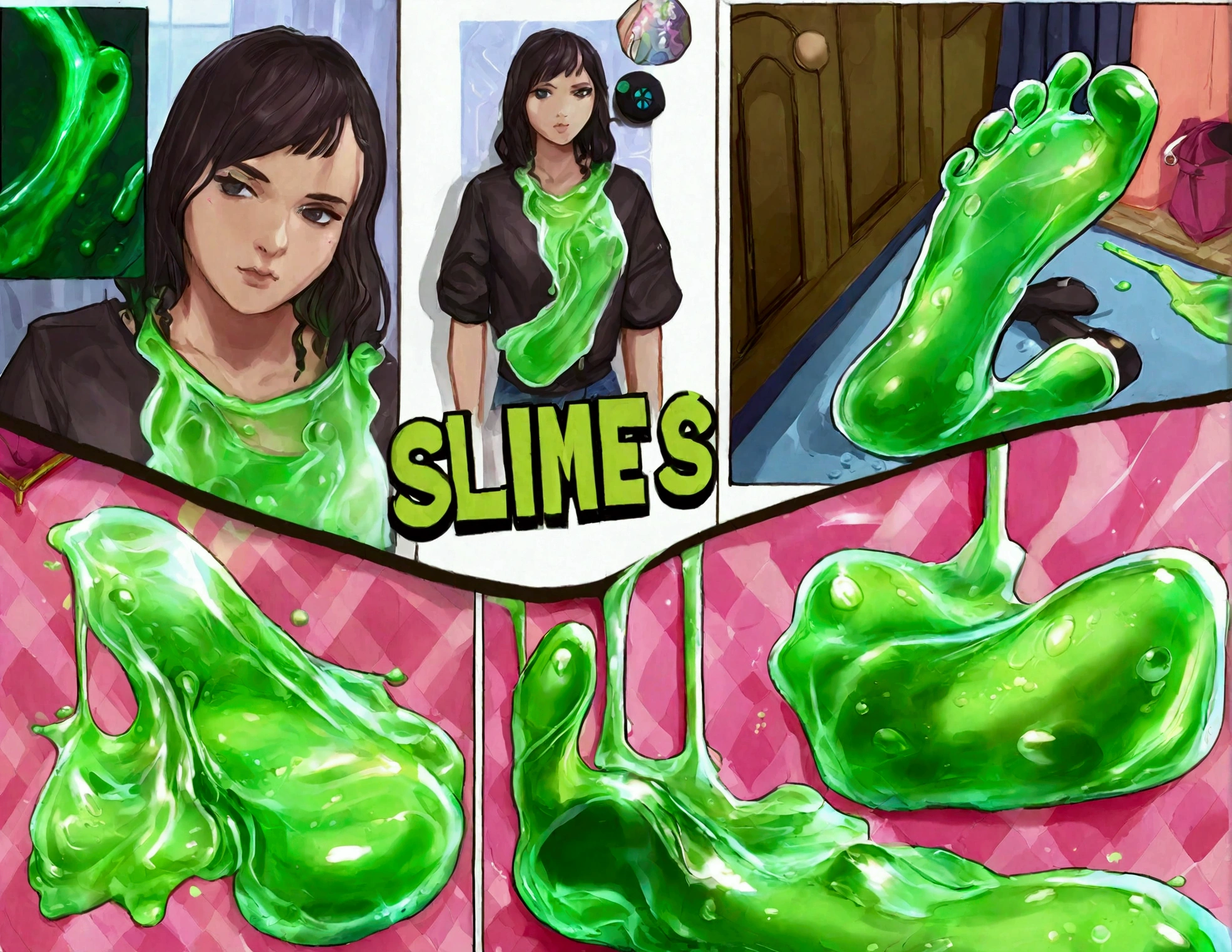 A slime girl (Christna Hendricks, age 25, translucent, made of green slime) has snuck onto a woman's bedroom and is trying on clothes. Slime foot prints