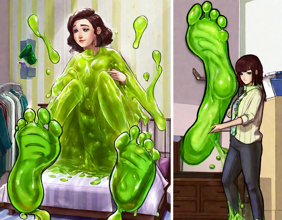 A slime girl (Christna Hendricks, age 25, translucent, made of green slime) has snuck onto a woman's bedroom and is trying on clothes. Slime foot prints
