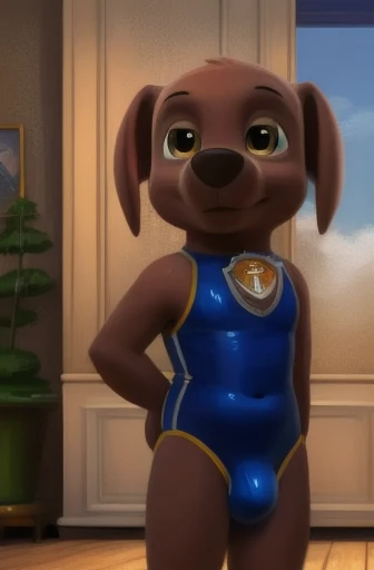 Fluffy fur detailed texture.., impressionist mix, (por Foxovh, Rosa Tran, Michael Garmash, Pino Daeni, Spark - spark), detailedeyes, very detailed students, standing alone, velues, the second, zuma-pp, domestic dog, mascle, amber eyes, brown leather, brown body, cuerpo standing,Kale, Fluffy fur detailed texture.., curves, Broad ????, inner furry ears, From the front, standing, apartment interior background, giorno, 1 Guy, ssmile, greatest,the second,swimsuit wear,big bulge in swimsuit wear 