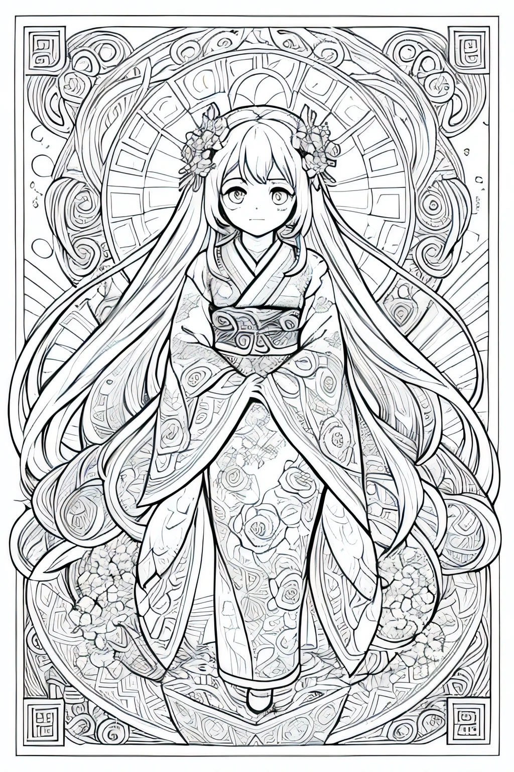One girl, Create a baby chibi version of the Alice character in an 8K resolution, coloring pages, simplified zentangle, coloring book outline, black and white only, no outline, intricate designs, coloring book, celtic design, intricate lines, no gradients, Chibi,Camellia fairy, camellia kimono, long hair