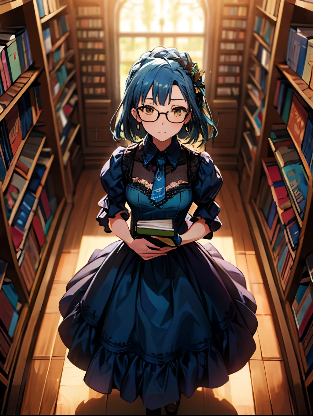 yuriko nanao (million live), 1 girl, Solo, Best Quality, masterpiece, 8K, High resolution, Ultra-detailed, madeon, looking far, yellow eyes, from above, bright green and aqua blue dress, collared, frilled dress, lacy dress, hair accessories, wearing glasses, in the library, bookshelf, a lot of books,