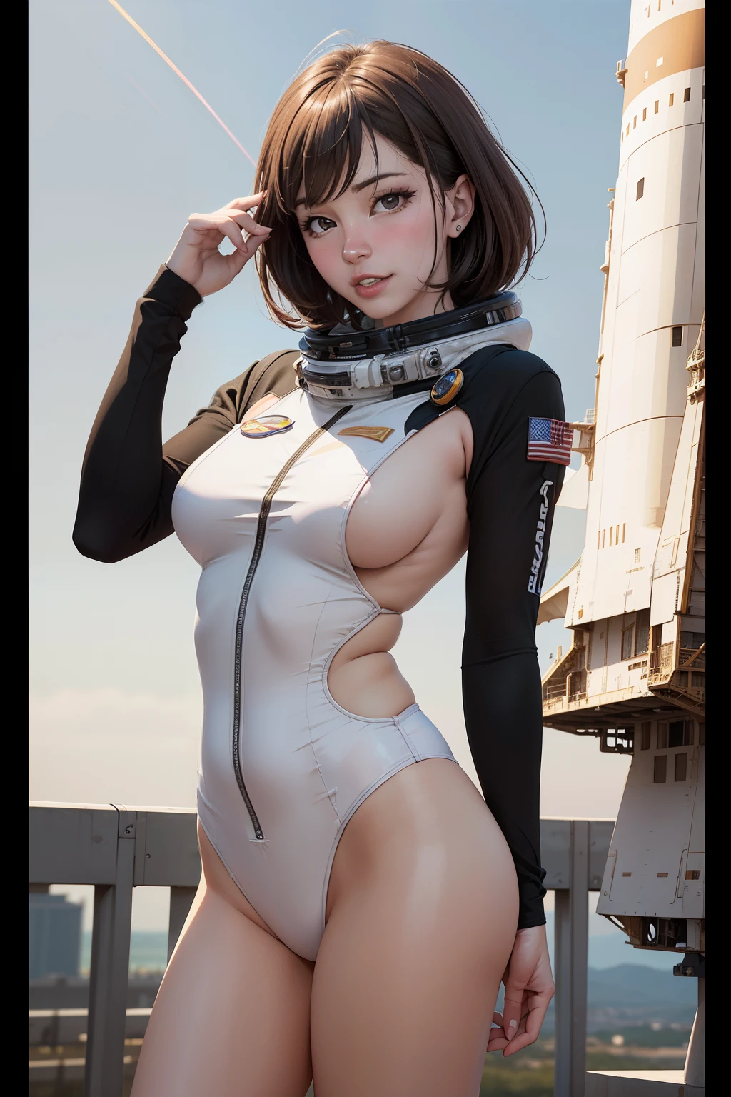 there is a 30yo woman wears intricate astronaut costume, a hyperrealisitic astronaut, hyperrealisitic astronaut, Space shuttle launch pad in the background, (4 k photoshot真实感)!!!, (4 k photoshot真实感)!!, [ digital art 4k ]!!, realisitic shaded perfect body, realisitic anime 3 d style, ultra realisitic picture, anime highly detailded, ((photoshotrealisitic:1.5 )), (photoshot真实感:1.5 ), ( 8k, raw photoshot, highest quallity, work of art), high detail raw color photoshot professional photoshot, realisitic, (highest quallity), (best shade), ultra-high resolution, photoshot, work of art, realisitic, 真实感, hight contrast, 8k hd high definition detailded realisitic, detailded, hyperdetailded, best qualityer, lens f, rich colors, (Cinemastill 800)