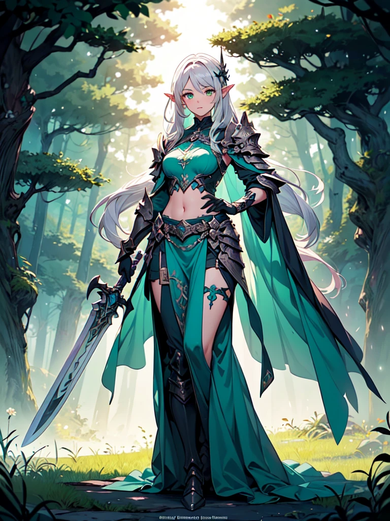 (((Masterpiece, best quality, high detailed, 8k))) Design a layout showcase Gaming character, (1girl). Long silver hair, green eyes, wearing a long flowing jade dress, showing midriff, wielding a massive greatsword, sexy. (masterpiece:1.2), (best quality), ultra-detailed. (Step by step design, layout art:1.5), (luminous lighting, atmospheric lighting). Majestic elf in a magnificent forest with beautiful lighting. ((glove full hands)), intricate vambraces, high-tech legwear, (((full_body_shot:1.4))). The elf stands gracefully amidst ancient, towering trees, their leaves shimmering with a magical glow. The futuristic armor, a blend of sleek metal and glowing energy lines, contrasts beautifully with the natural surroundings. Her long silver hair flows softly around her, framing her elegant face with piercing green eyes that radiate wisdom and strength. The empowering greatsword she holds is adorned with mystical runes, pulsing with an ethereal light. She exudes an aura of power and serenity, perfectly harmonized with the enchanting beauty of the forest around her. Art style inspired by Artgerm, Kawacy, and Wadim Kashin.