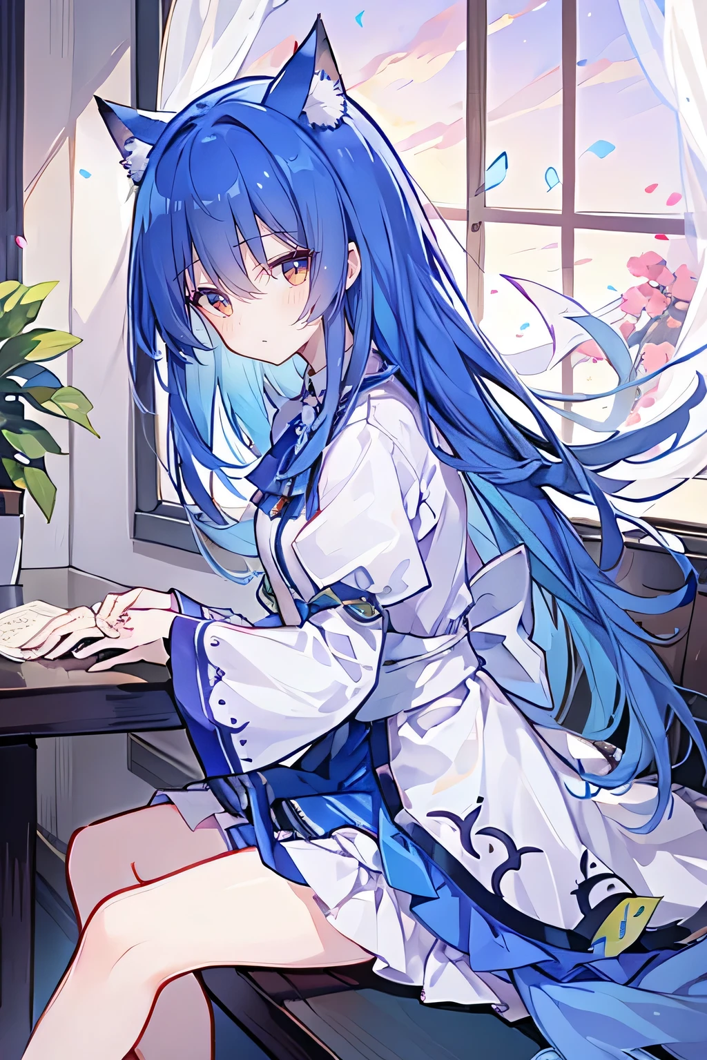 (masterpiece:1.2),Super detailed,lifelike,Expressive eyes,fair skin,perfect face shape,1 girl,
Japanese comics,Gorgeous blue hair,flowing blue hair,flowing clothes,Cat ears,Petals fall,beautiful lola,Baby Angel,
Shaking head with one hand,Cross your legs,,The pavilion is cool and comfortable,smile,back views,sunrise,Petals fall,sitting on window sill drinking coffee and looking out the window