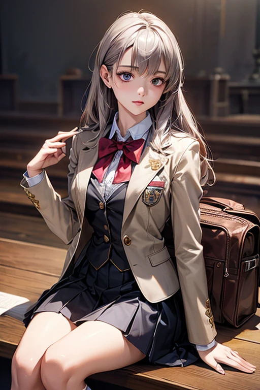 ((Highest quality)),(超High resolution),(Very detailed),(Detailed Description),((The best CG)),(masterpiece),Ultra-detailed art、(Highest quality、8k、32K、masterpiece)、(Realistic)、(Realistic:1.2)、(High resolution)、Very detailed、Very beautiful face and eyes、1 female、((High school girls:1.3))、Tight waist、Delicate body、(Highest quality、Attention to detail、Rich skin detail)、(Highest quality、8k、Oil paints:1.2)、Very detailed、(Realistic、Realistic:1.37)、Bright colors、Custom Uniforms、Light grey blazer with silver buttons、White blouse with lace collar、Pleated skirt of maroon color、Knee-length、Maroon bow tie、White knee-high socks、Black Mary Jane Shoes、A light grey blazer with the school emblem on the breast pocket、Maroon school bag with silver trim