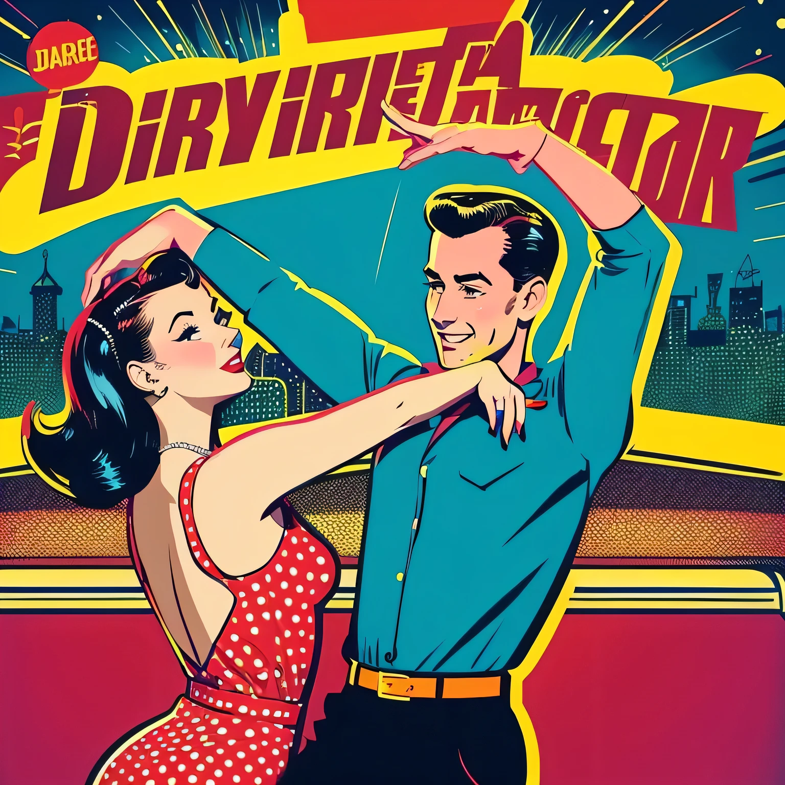 arafed image of a Couple Dance in a party, Digital rendering by Bob Ringwood, tumbler, Pop Art, 1950s illustration style, Retro illustration, ( Art Fitzpatrick ), Retro 50s style, Disco , Dancer々, 1950s Style, Couple Dance, 1950s vibe, vintage illustration, Cover art