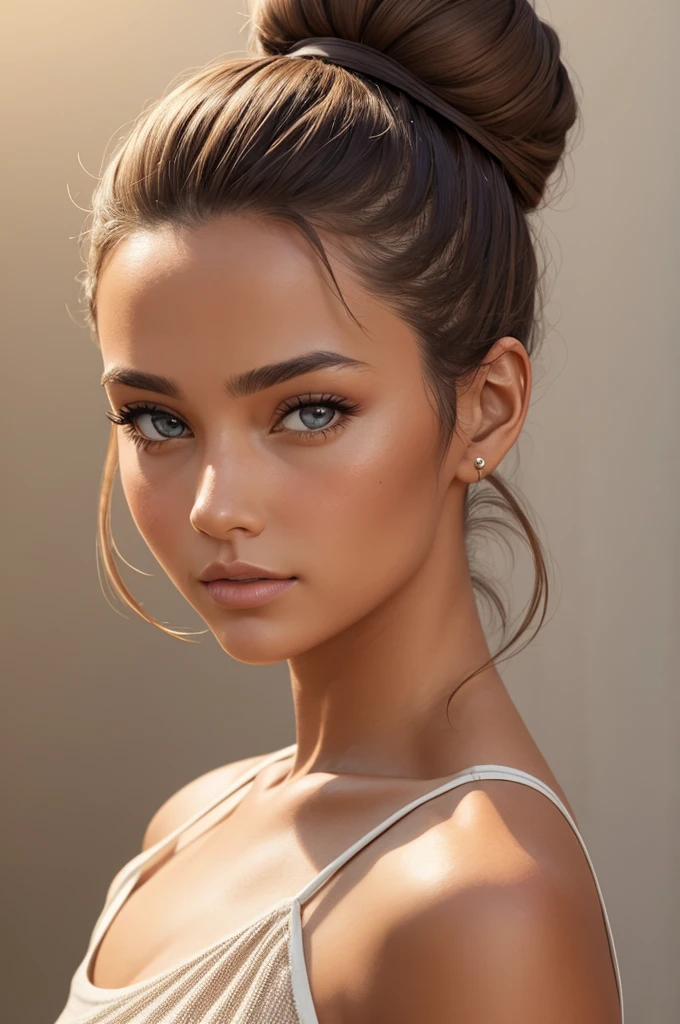 woman, tan, front, face, close up, hair bun, hyper realism, solid background