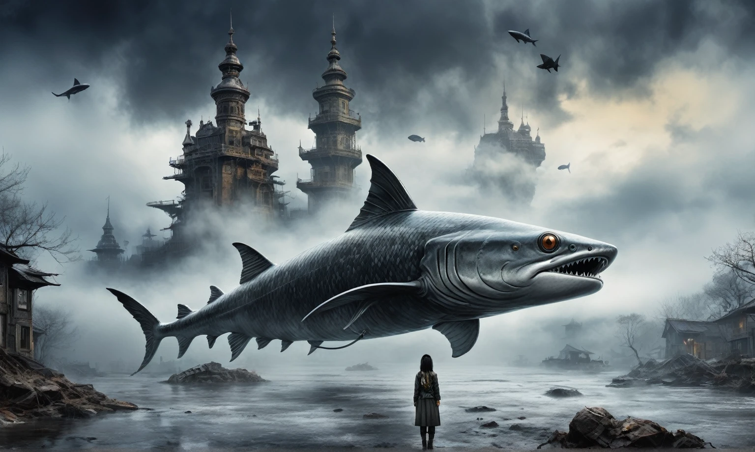 fish eyes, A Modern flat toon Crazy whit a Big ONE a Only Eye Robot USSR , and helmet Style, tongs in hands, pinhead, camouflage Rusty, Ambient in a meteorite ,graphite old witch after a psychiatric clinic,winter,intricate landscape,slate grey atmosphere,film grain,,faded,snake eyes extremely detailed,another world,ring of truth,French Braid with a Twist,view from height,once pretty face,eyebrow up,full body shot,ominous landscape, Simon Stalenhag,Nicola Samori,full body shot,beggar paladium The Alien Entity,Technicolor,natural skin textures, hyper realism, hyper detailed,Extremely detailed,High contrast,Masterpiece,Realistic,Ultra Detailed, intricate details,realistic humid leather,extremly intricate,Epic Realistic, cinematic style,irina yermolova,high contrast,hdr,extremely detailed, deep night landscape,masterpiece,intricate details,faded,eyes extremely detailed, high detailed eyes,8k resolution,RAW,retina, Nikon Z9,China,Guangxi Zhuang of China,tkt style,ears perfect, transition between two art styles, Ink painting to photorealism, Double contact, X-ray, Creative, vivid light, masterpiece, fantasy, Abstract, Surrealism, super detailed, high resolution, stop:35;(((creature with a spectral and ghostly appearance)). Her skin is pale, almost translucent,ancient rock,sharkfish's leather,In a vibrant and mesmerizing artwork, a hot air soars through the layers of clouds, revealing a colossal and enigmatic cityscape nestled within. The buildings in this ethereal city are adorned with intricate details and exude an aura of mystery. Above the cityscape, lend an enchanting touch to the scene. steampunk. The intricate mechanics create a sense of wonder and fascination, as if stepping into a dreamlike realism