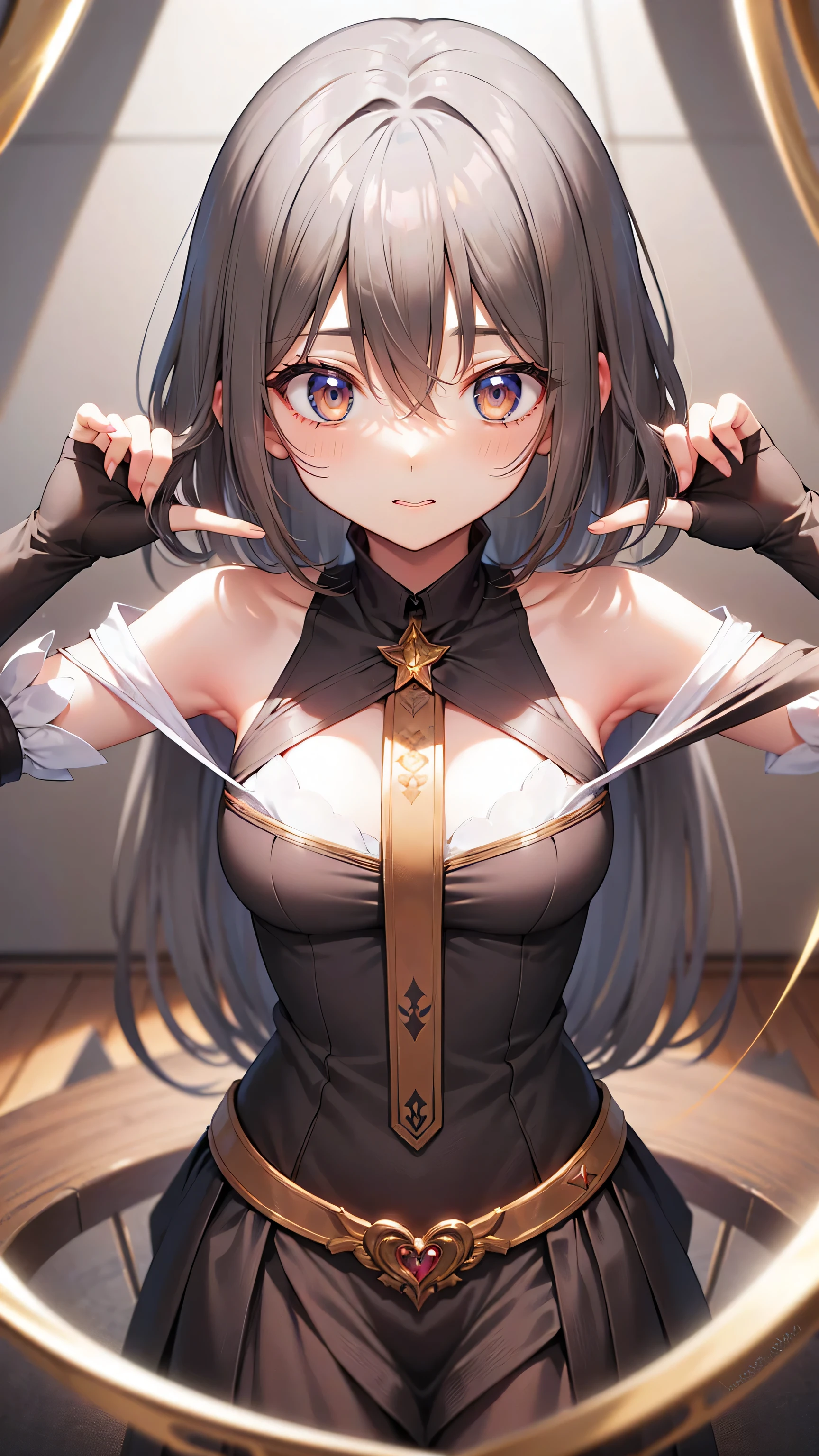 Portraiture, Long Hair, Gray Hair, Golden Eyes, One girl, head, face, Magical girl, Absurd, masterpiece, Highest quality, Magical girl costume, ((Magical girl)), short hair, Devastation, Remains, Dynamic pose, Apocalypse, Spell casting, Style-Glass, Full Body Shot