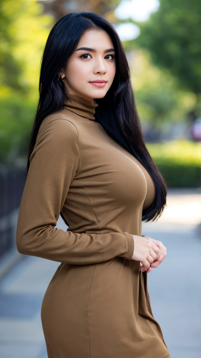 background is New York,street, 1 girl, beautiful korean girl, big eyes, wearing tight black dress(turtle neck,simple,long sleeves), black long boots, shy smile, solo, beautiful and detailed eyes, dark eyes, big breasts, calm expression, delicate facial features, ((model pose)), Glamor body type, (dark hair:1.2), simple tiny earrings, simple tiny necklace, very_long_hair, hair past hip, bangs, curly hair, flim grain, realhands, masterpiece, Best Quality, 16k, photorealistic, ultra-detailed, finely detailed, high resolution, perfect dynamic composition, beautiful detailed eyes, eye smile, ((nervous and embarrassed)), sharp-focus, full_body, cowboy_shot