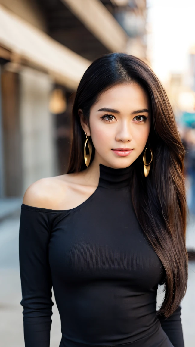 background is New York,street, 1 girl, beautiful korean girl, big eyes, wearing tight black dress(turtle neck,simple,long sleeves), black long boots, shy smile, solo, beautiful and detailed eyes, dark eyes, big breasts, calm expression, delicate facial features, ((model pose)), Glamor body type, (dark hair:1.2), simple tiny earrings, simple tiny necklace, very_long_hair, hair past hip, bangs, curly hair, flim grain, realhands, masterpiece, Best Quality, 16k, photorealistic, ultra-detailed, finely detailed, high resolution, perfect dynamic composition, beautiful detailed eyes, eye smile, ((nervous and embarrassed)), sharp-focus, full_body, cowboy_shot