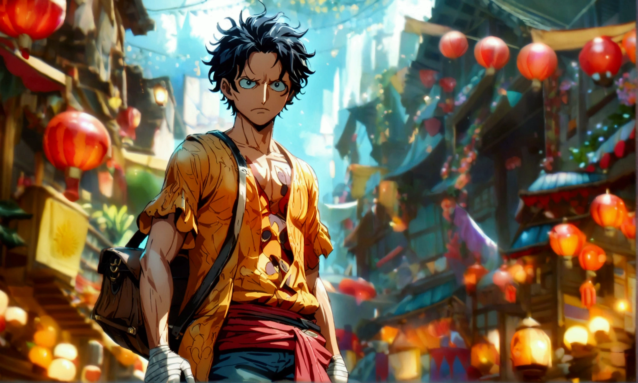 Small mature man, unkempt appearance due to his alcohol addiction, messy hair and shrewd eyes, bandaged hands, simple and worn clothes, short tunic, light pants and boots, carrying a small leather bag attached to his belt, "Anime character design inspired by One Piece, full of dramatic and impressive lighting, focus on the centralized character, impressive face, full of creative details, ultra-fine 4K design, scenery bathed in creativity, boasting 2D anime resolution clarity, HD anime graphics, high-octane rendering"