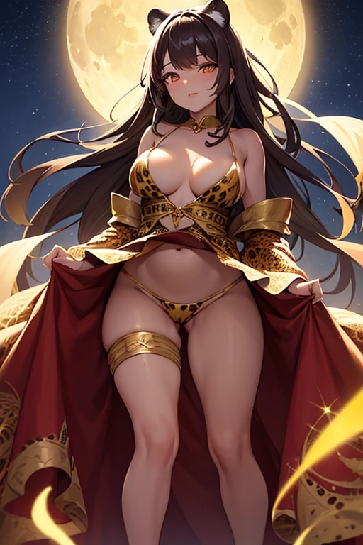 1womanl, brunette skin, a little overweight, breasts small, dazzling, with a dress that covers the body, leopard print, thin straps and reaches mid-thigh height!! look that conveys strength, full lips and slight smile, full moon background that fills the center of the image, the woman stands in front of the moon being illuminated by the moon, beautiful shine, beautiful contrast, light glow in direction from top to bottom in 45 degrees from left to right and another light glow from bottom to top in yellow color in 45 degrees. 